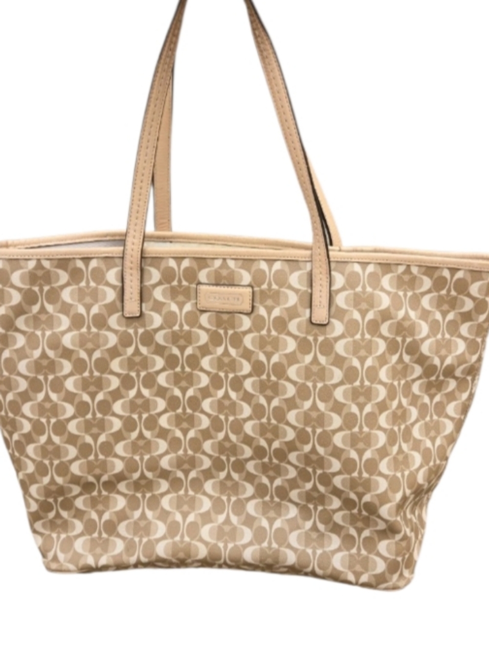 Coach Signature Tote Bag Tan Beige Canvas Leather Trim Large - Flawed